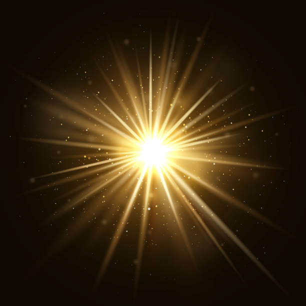 illustrazioni stock, clip art, cartoni animati e icone di tendenza di esplosione di stelle d'oro. esplosione di luce dorata isolata su illustrazione vettoriale di sfondo scuro - lens flare flash