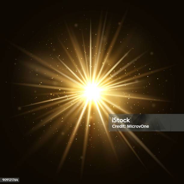 Gold Star Burst Golden Light Explosion Isolated On Dark Background Vector Illustration Stock Illustration - Download Image Now