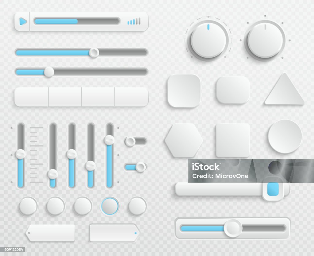 White web buttons and ui sliders vector set isolated on transparent background White web buttons and ui sliders vector set isolated on transparent background. Interface for web navigation and ui for video and music control illustration Sliding stock vector