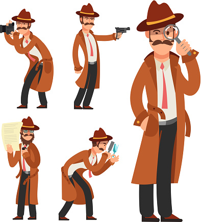 Cartoon private detective. Police inspector vector character set