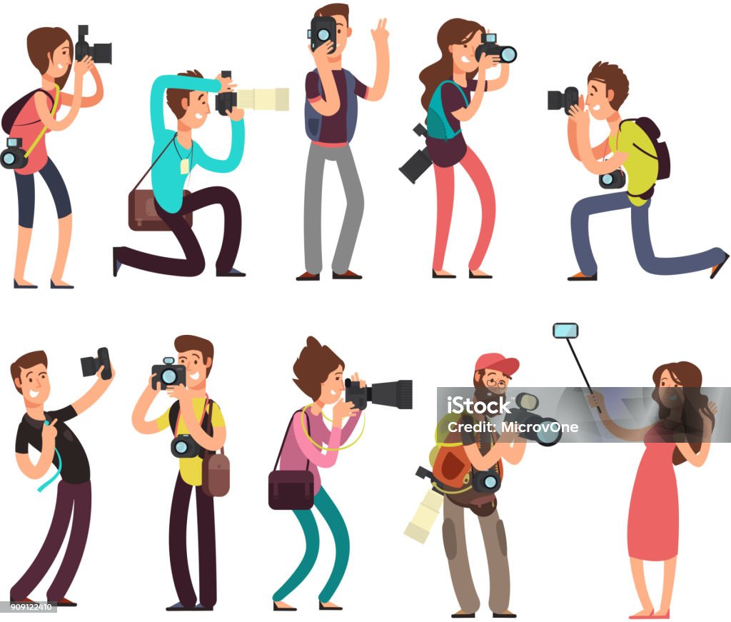 Funny professional photographer with camera taking photo in different poses vector cartoon characters set Funny professional photographer with camera taking photo in different poses vector cartoon characters set. Photographer character with camera illustration Photographer stock vector