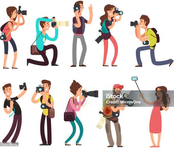 Funny Professional Photographer With Camera Taking Photo In Different Poses Vector Cartoon Characters Set Stock Illustration - Download Image Now