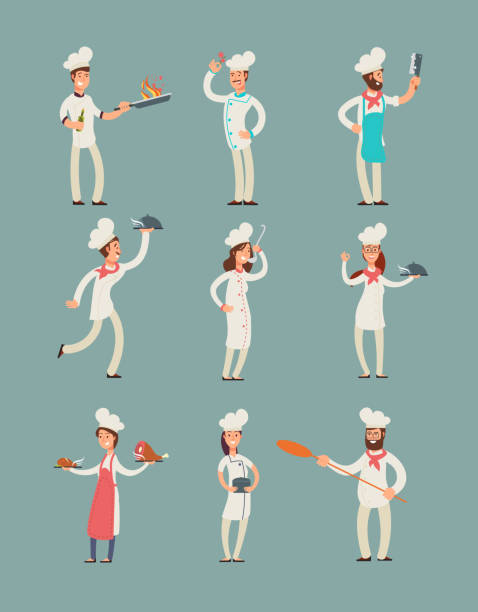 Smiling restaurant chefs, professional cooks in kitchen uniform vector cartoon characters set Smiling restaurant chefs, professional cooks in kitchen uniform vector cartoon characters set. Character chef professional in uniform illustration baker occupation stock illustrations