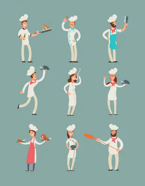 Vector illustration of Smiling restaurant chefs, professional cooks in kitchen uniform vector cartoon characters set