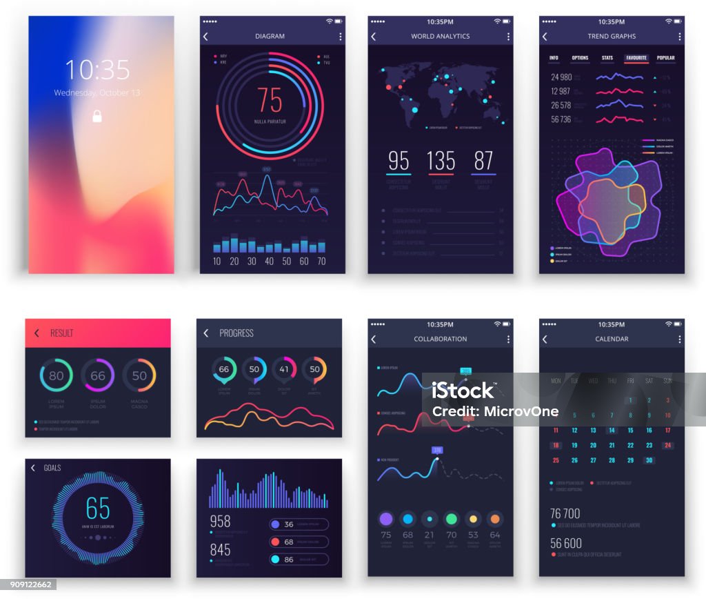 Mobile application UI and Smartphone UX vector templates with charts and diagrams Mobile application UI and Smartphone UX vector templates with charts and diagrams. Mobile app design or mobility applications vector interface, phone internet visualization illustration Mobile App stock vector