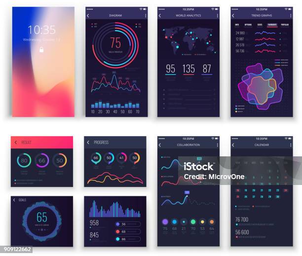 Mobile Application Ui And Smartphone Ux Vector Templates With Charts And Diagrams Stock Illustration - Download Image Now