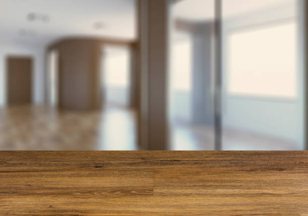 istock Background with empty wooden table. Flooring. Modern office Cabinet. Meeting room. 909122790