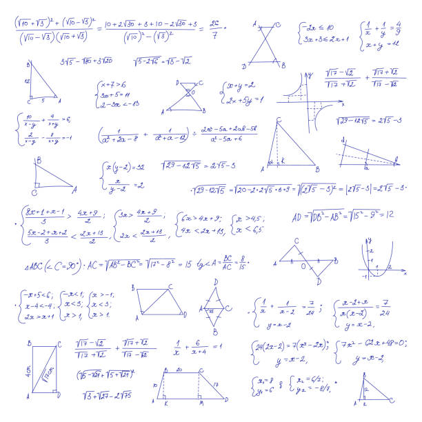 нарисованное вручную математическое уравнение с рукописными формулами алгебры - workbook stock illustrations