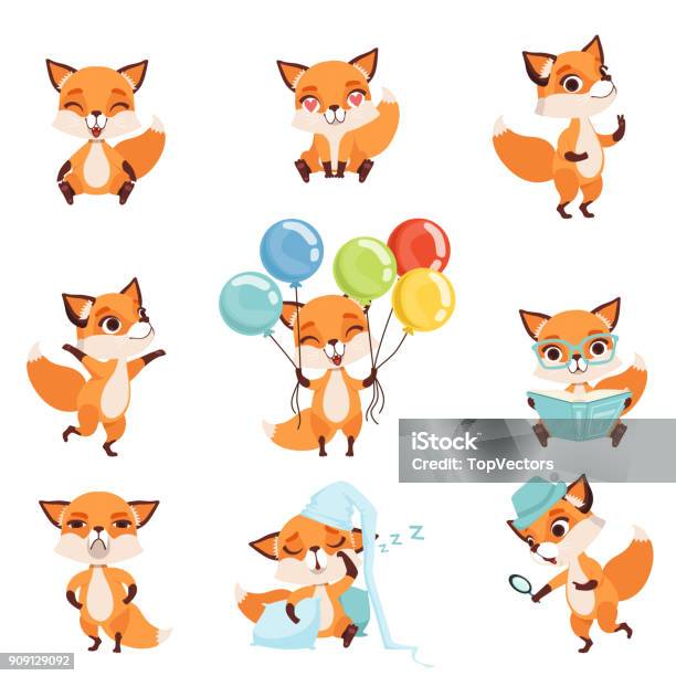 Cute Red Foxes Showing Various Emotions And Actions Laughing Sitting Walking Dancing Sleeping Reading Angry Holding Colorful Balloons Flat Vector Design Stock Illustration - Download Image Now