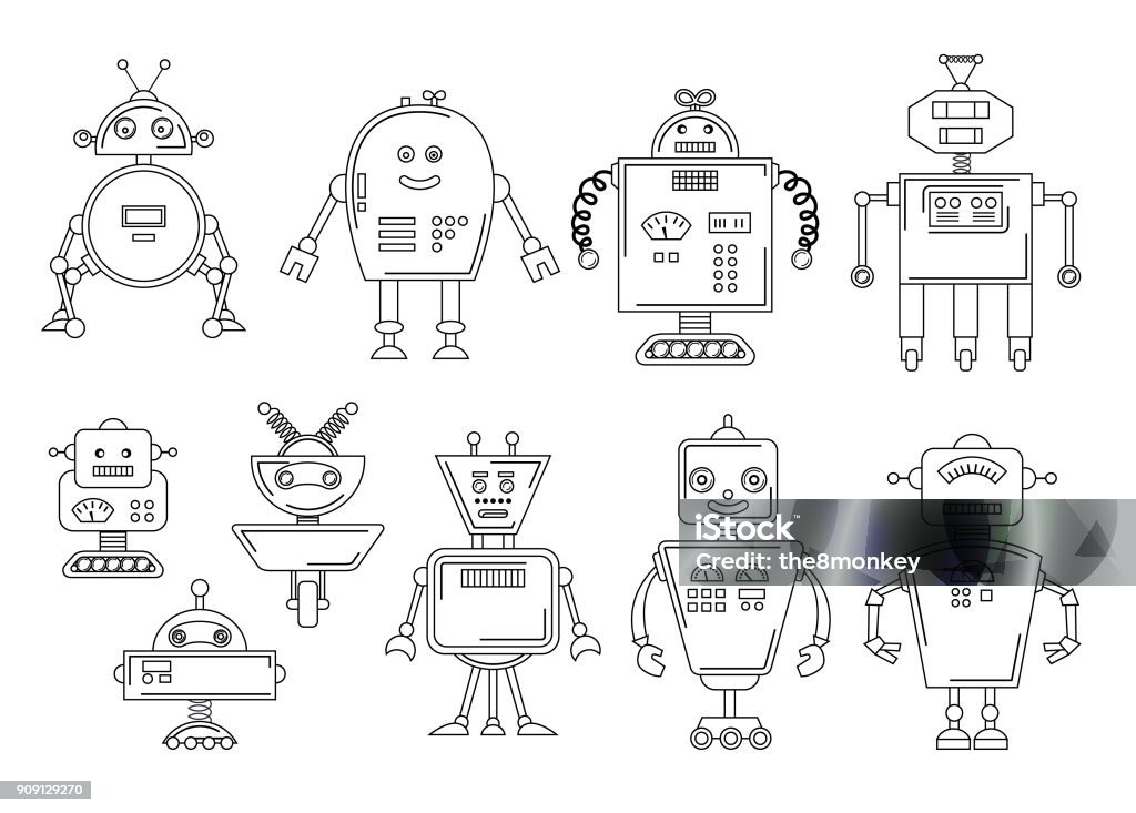 Vector illustration of a Robot. Mechanical character design. Set of four different robots. Coloring book page Vector illustration of a Robot. Mechanical character design. Set of four different robots. Coloring book page. Robot stock vector