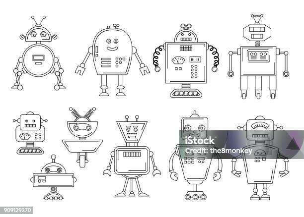 Vector Illustration Of A Robot Mechanical Character Design Set Of Four Different Robots Coloring Book Page Stock Illustration - Download Image Now