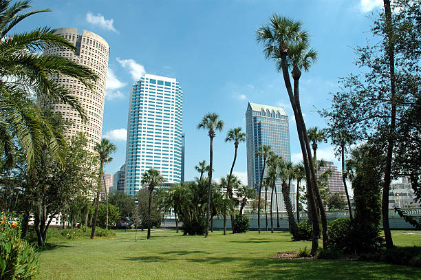 Jacksonville, USA - February 2, 2021: Florida city skyline of financial business corporate bank office buildings of Vystar, Wells Fargo and TIAA bank