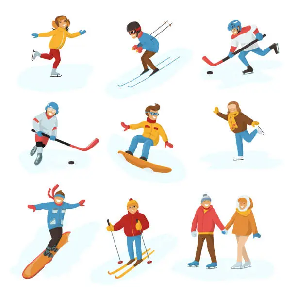 Vector illustration of Winter vector sport activity people games cartoon boys and girls fun cold sportsmen wintertime happy illustration isolated vacation people holiday sport activity ski, sky, hockey and snowboard