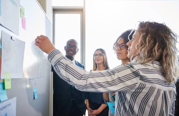 istock Coworkers strategizing together on a whiteboard in an office 909135128