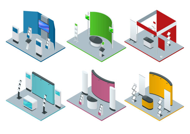 Isometric set of promotional stands or exhibition stands including display desks shelves and handout Isometric set of promotional stands or exhibition stands including display desks shelves and handout. Vector illustration booth design stock illustrations
