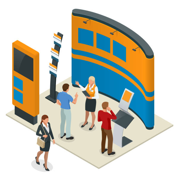 istock Advertising exhibition stands mockup composition for a recruitment agency or tour agencies. Vector isometric illustration 909135472