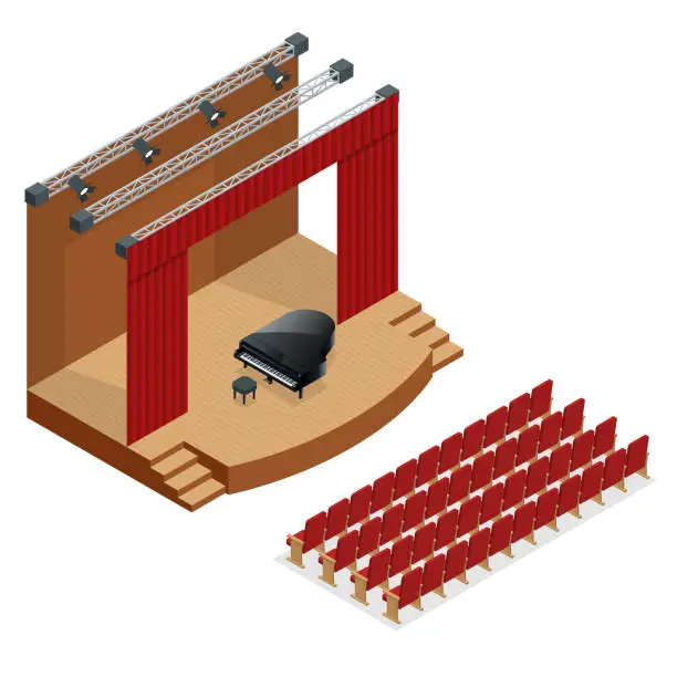 Vector illustration of Isometric concert stage and black grand piano at spot light. Podium concert stage. Performance show entertainment, scene and event.