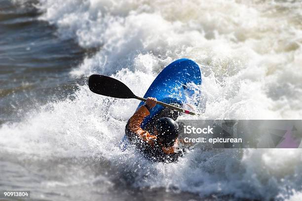 Man Kayaking On Brennans Wave In Missoula Montana Stock Photo - Download Image Now - Rough, Canoeing, Rafting