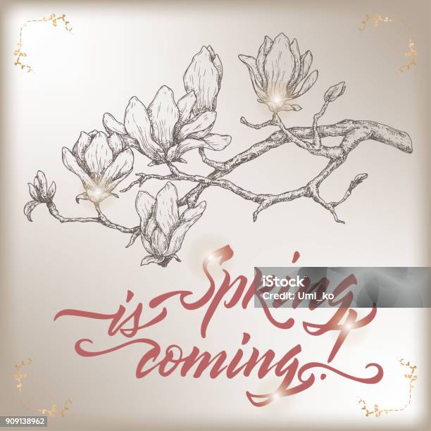 Romantic Vintage Greeting Card Template With Spring Related Brush Calligraphy And Magnolia Flower Sketch Stock Illustration - Download Image Now