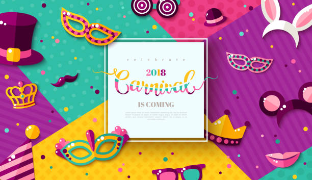 Carnival funfair card Carnival funfair card with square frame, photo booth props and masks on colorful modern geometric background. Vector illustration. Place for your text. mardi gras confetti stock illustrations