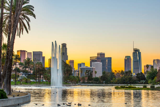 istock Los Angeles Skyline at Dawn Looking from Echo Park 909139514