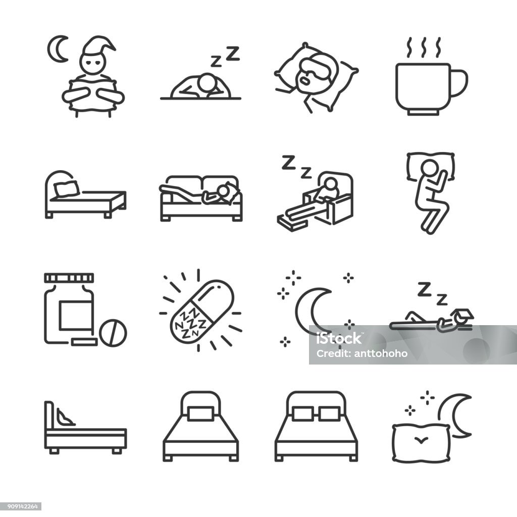Conjunto de iconos de la línea del sueño. Incluye los iconos como insomnio, desvelo, cama, hora de acostarse, sleepwalk, noche, Somnífero y mucho más. - arte vectorial de Ícono libre de derechos