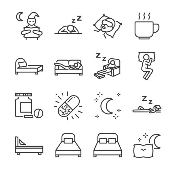 stockillustraties, clipart, cartoons en iconen met slapen lijn pictogramserie. de pictogrammen opgenomen als slapeloosheid, slapeloze-, bed-, slapen gaan, slaapwandelen, nacht, slaappil en meer. - moe