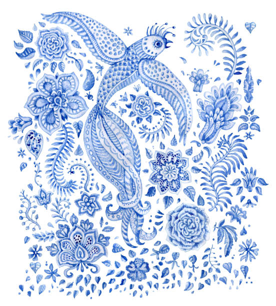 istock Abstract floral watercolor painted set isolated on a white background. Exotic bird, Paisley elements, fantastic flower, fairy textured foliage.Booklet page, album, brochure, book cover, tee-shirt print 909146158