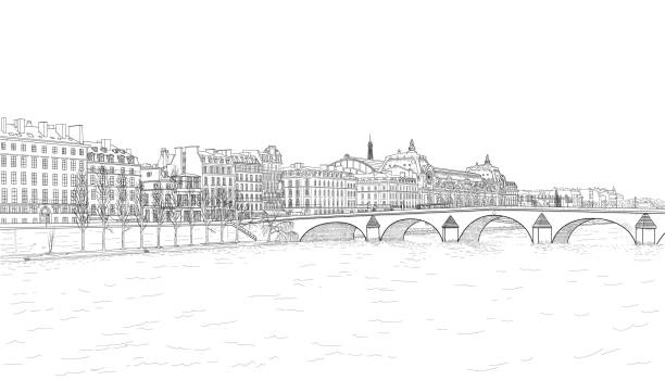sketch of Seine embankment drawing of the embankment of the Seine and the bridge in Paris paris france illustrations stock illustrations