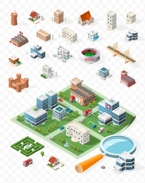 Vector illustration of Build Your Own Isometric City . Isolated Vector Elements on Transparent Background