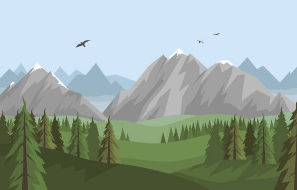Vector flat summer landscape with beautiful mountains and forest Vector flat summer landscape with beautiful mountains and forest hiking backgrounds stock illustrations