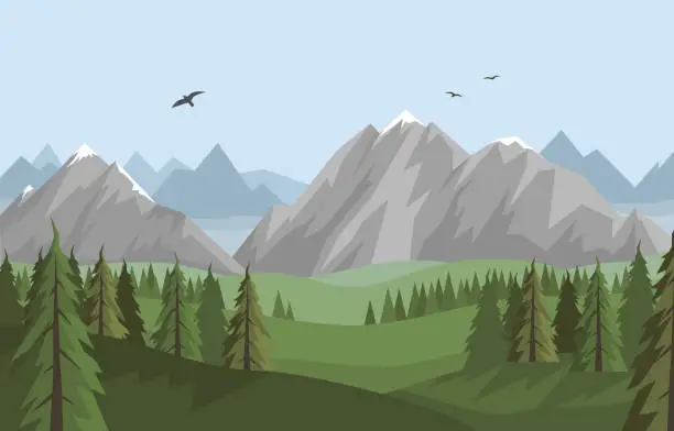 Vector illustration of Vector flat summer landscape with beautiful mountains and forest