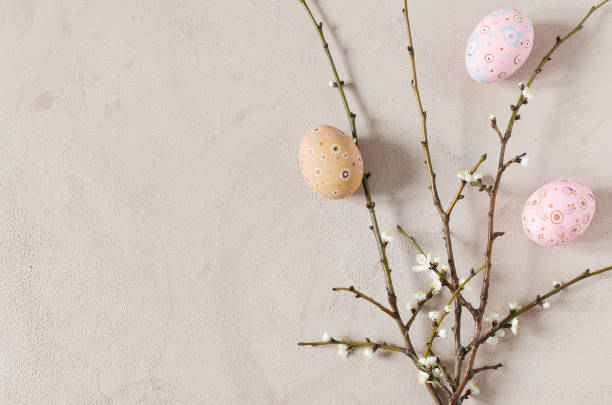 easter background with spring branches and eggs - retro revival food easter napkin imagens e fotografias de stock