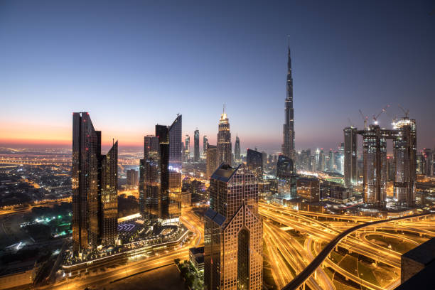 istock Sunrise colors over Dubai Downtown district. 909153324