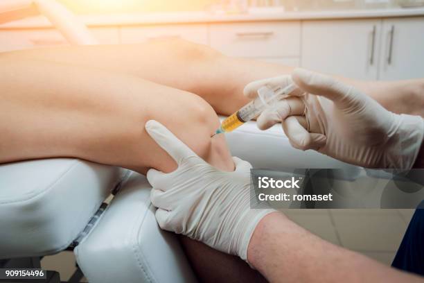 Plateletrich Plasma Injection Of The Knee Stock Photo - Download Image Now - Knee, Syringe, Medicine