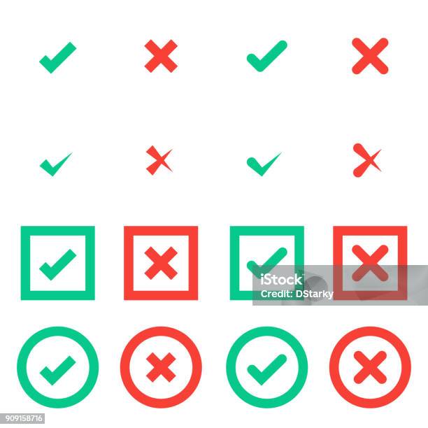 Green Tick And Red Cross Checkmarks In Circle And Square Flat Icons Stock Illustration - Download Image Now