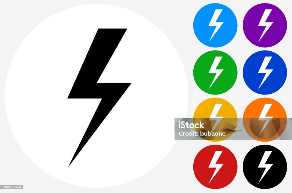 Lightning Thunderstorm. Lightning Thunderstorm.The icon is black and is placed on a round blue vector button. The button is flat white color and the background is light. The composition is simple and elegant. The vector icon is the most prominent part if this illustration. There are eight alternate button variations on the right side of the image. The alternate colors are orange, red, purple, yellow, black, green, blue and indigo. Electricity stock vector