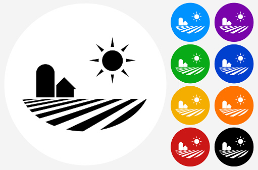 Farm Landscape.The icon is black and is placed on a round blue vector button. The button is flat white color and the background is light. The composition is simple and elegant. The vector icon is the most prominent part if this illustration. There are eight alternate button variations on the right side of the image. The alternate colors are orange, red, purple, yellow, black, green, blue and indigo.