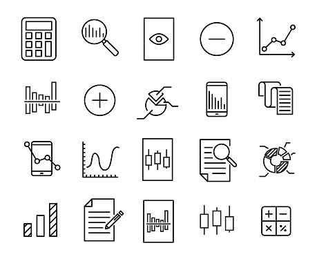 Simple collection of calculation related line icons. Thin line vector set of signs for infographic, logo, app development and website design. Premium symbols isolated on a white background.