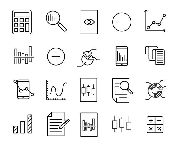 Simple collection of calculation related line icons. Simple collection of calculation related line icons. Thin line vector set of signs for infographic, logo, app development and website design. Premium symbols isolated on a white background. calculator stock illustrations