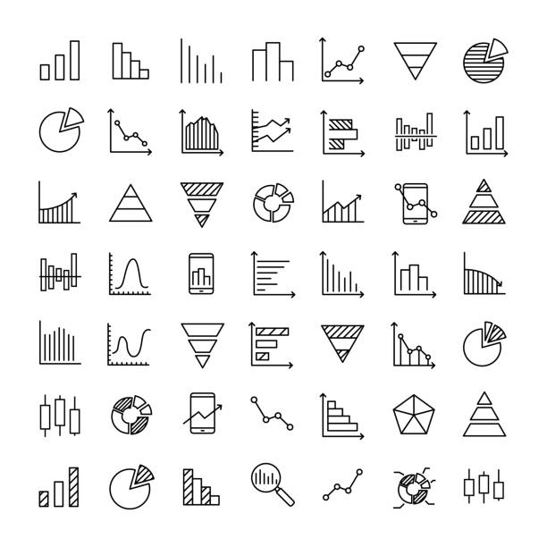 satz von 49 diagramm dünne linie symbole. - bühne grafiken stock-grafiken, -clipart, -cartoons und -symbole