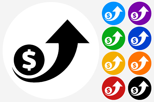 Money Growing with Up Arrow.The icon is black and is placed on a round blue vector button. The button is flat white color and the background is light. The composition is simple and elegant. The vector icon is the most prominent part if this illustration. There are eight alternate button variations on the right side of the image. The alternate colors are orange, red, purple, yellow, black, green, blue and indigo.