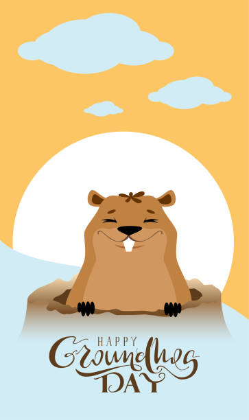 ilustraciones, imágenes clip art, dibujos animados e iconos de stock de tarjeta de felicitación de texto de feliz día de la marmota. marmot salió del agujero - groundhog day