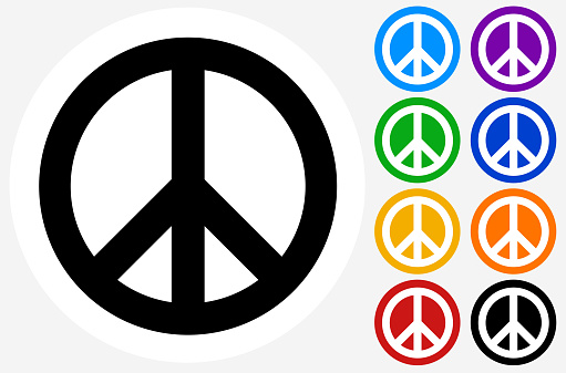 Peace Sign.The icon is black and is placed on a round blue vector button. The button is flat white color and the background is light. The composition is simple and elegant. The vector icon is the most prominent part if this illustration. There are eight alternate button variations on the right side of the image. The alternate colors are orange, red, purple, yellow, black, green, blue and indigo.