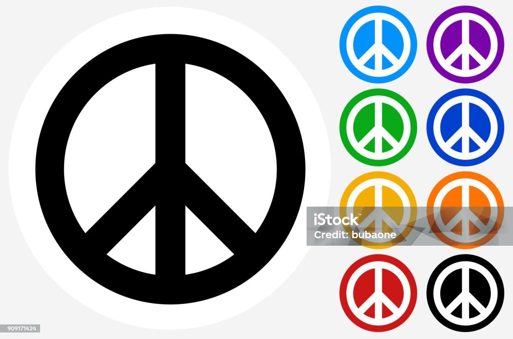 Peace Sign. Peace Sign.The icon is black and is placed on a round blue vector button. The button is flat white color and the background is light. The composition is simple and elegant. The vector icon is the most prominent part if this illustration. There are eight alternate button variations on the right side of the image. The alternate colors are orange, red, purple, yellow, black, green, blue and indigo. Symbols Of Peace stock vector