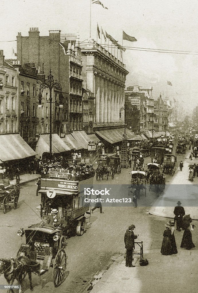 Sépia foto de Oxford Street, da Era vitoriana - Foto de stock de Ônibus royalty-free
