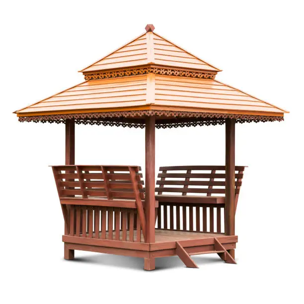 Wooden rest gazebo pavilion isolated on white background with clipping path