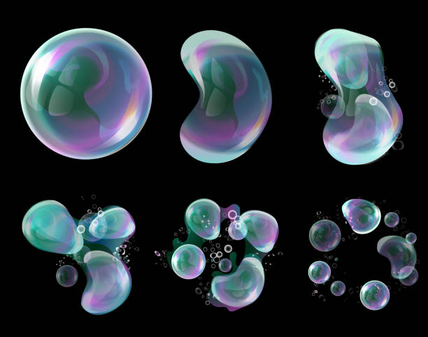 illustrations, cliparts, dessins animés et icônes de vecteur 3d bulles de savon transparent à la déformation. sphères, boules réalistes, ballons savonneuse, eau savonneuse de l’eau. - water drop bubble bubble wand
