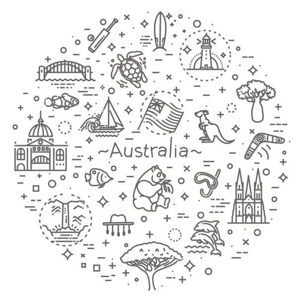 zestaw grafiki wektorowych. australijska kultura, zwierzęta, tradycje. znak, element, emblemat, symbol - sydney harbor bridge stock illustrations