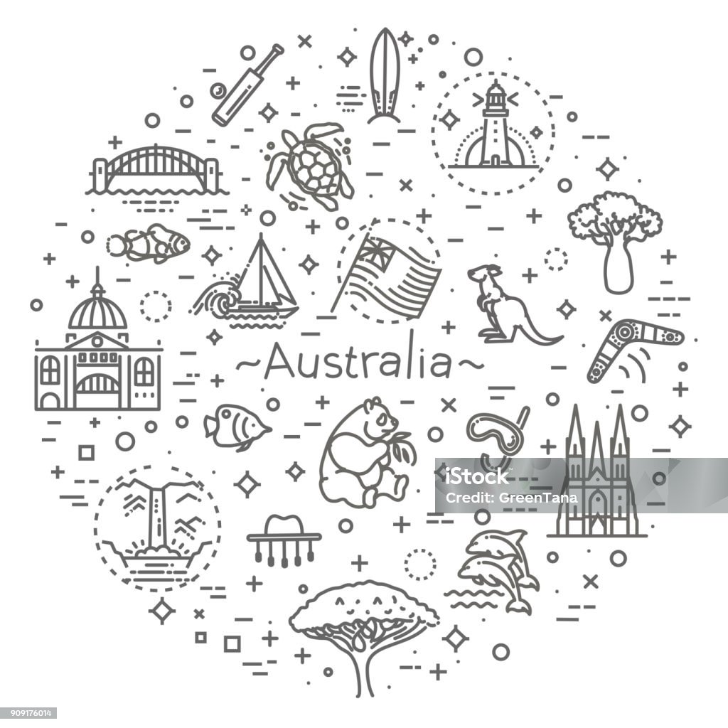 Vector graphic set. Australian culture, animals, traditions. Sign, element, emblem, symbol Australian continent. Australia icon in set collection Australia stock vector